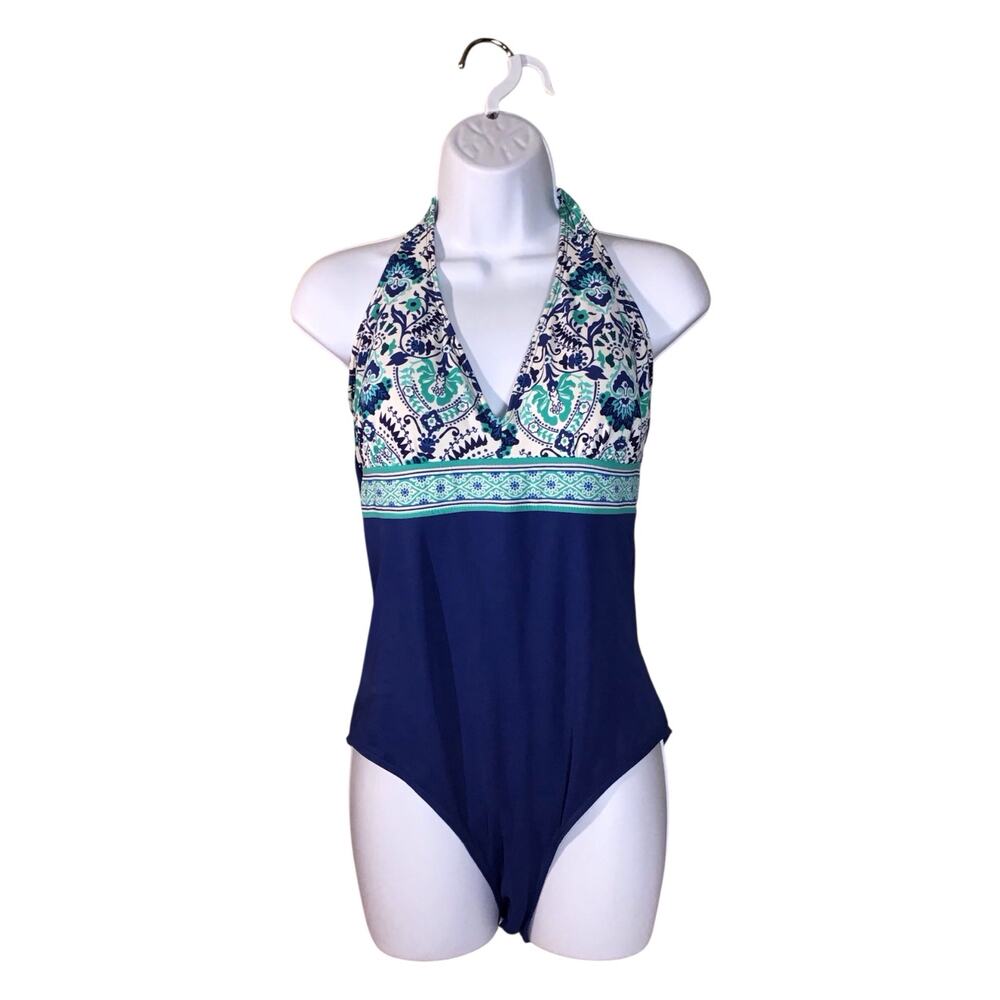 Merona Moderate Coverage 1 Piece Blue Halter Swimsuit Sz. XL NWT Beach Swimwear